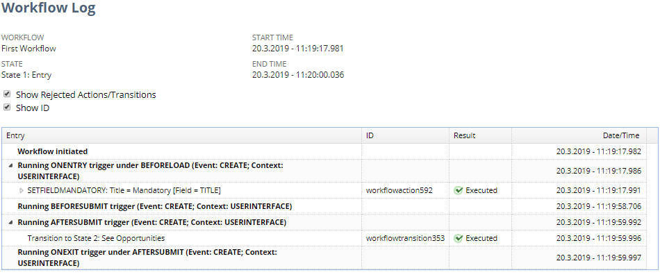 An example of the workflow execution log and the types of information found there.