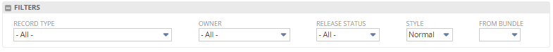 A screenshot of the Filters options on the Workflows list page: Record Type, Owner, Release Status, Style, and From Bundle.