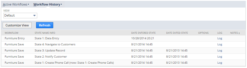 The Workflow History subtab in Default view mode. In addition to other workflow information, the subtab lists the workflows and the time and date a record enters and exits a state.