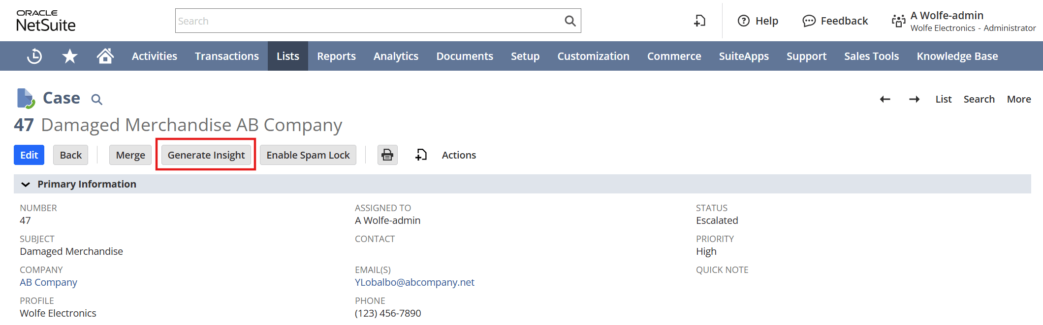 screenshot of the Generate Insight button on a support case record