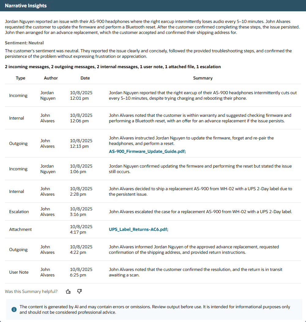 screenshot of the generated Case Sumary output