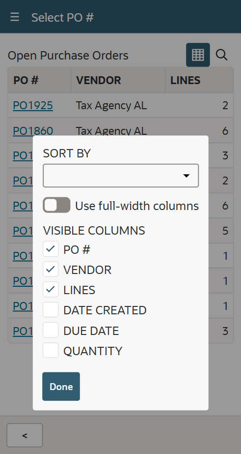 Select columns screen