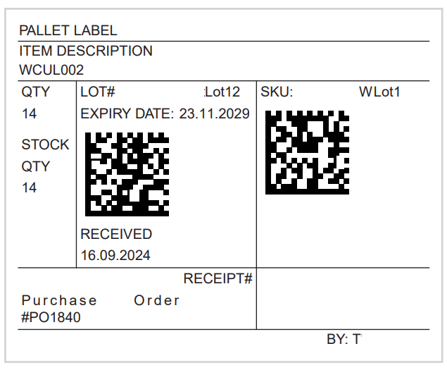 Pallet label for lots