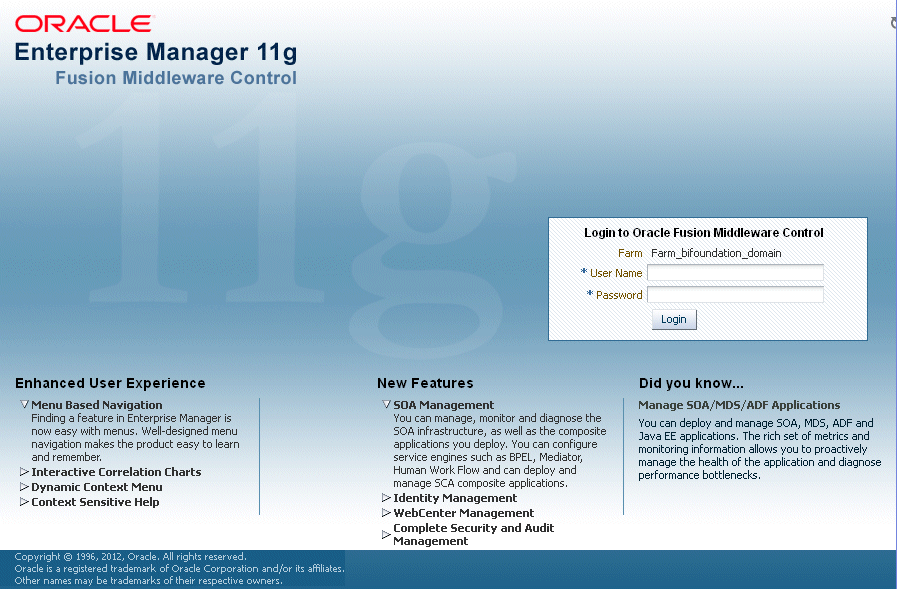 Fusion Middleware Control Login page.
