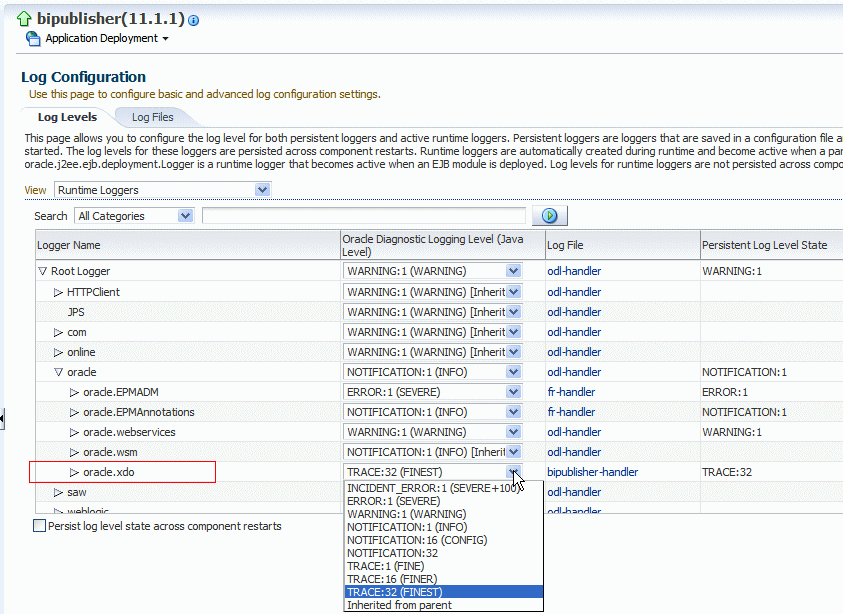 Locating the oracle.xdo logger and setting the log level