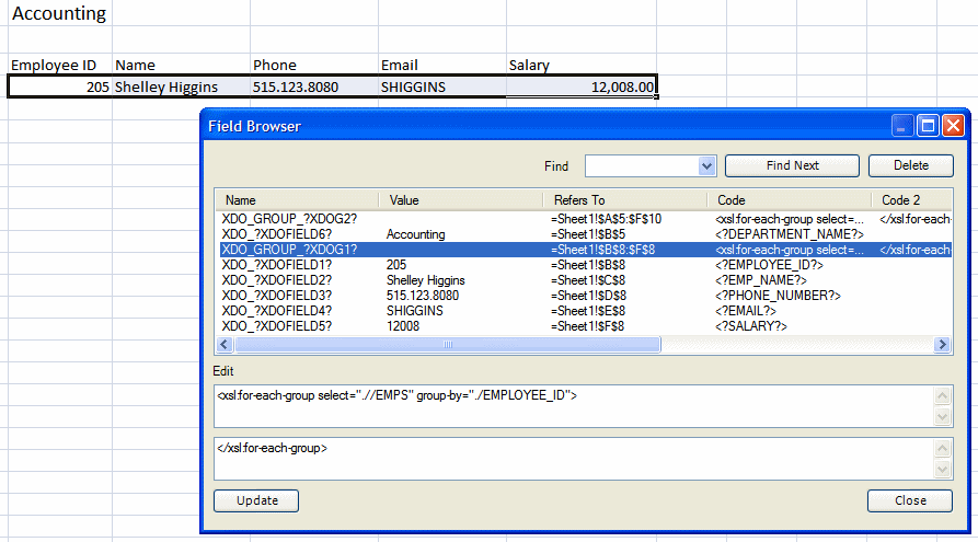 Field Browser and highlighted cells in spreadsheet