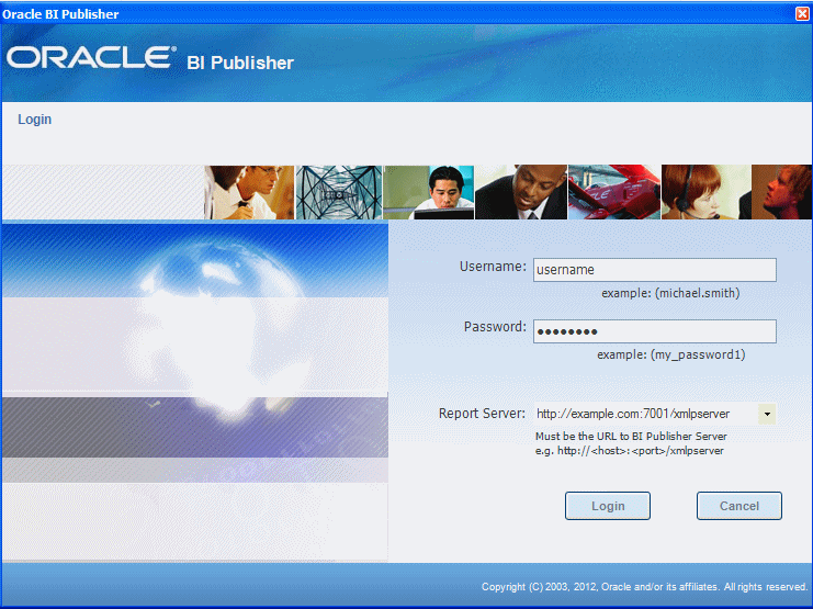 Excel Template Builder login dialog to BI Publisher server