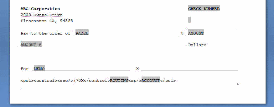 Sample check template with PCL commands