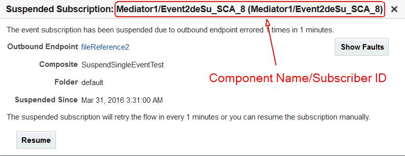 Suspended subscription dialog, includes the Resume button.