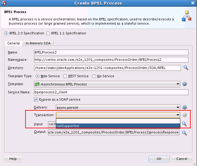 Create BPEL Process dialog