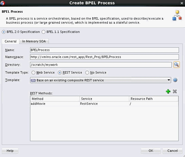 Create BPEL Process dialog with REST Service selected